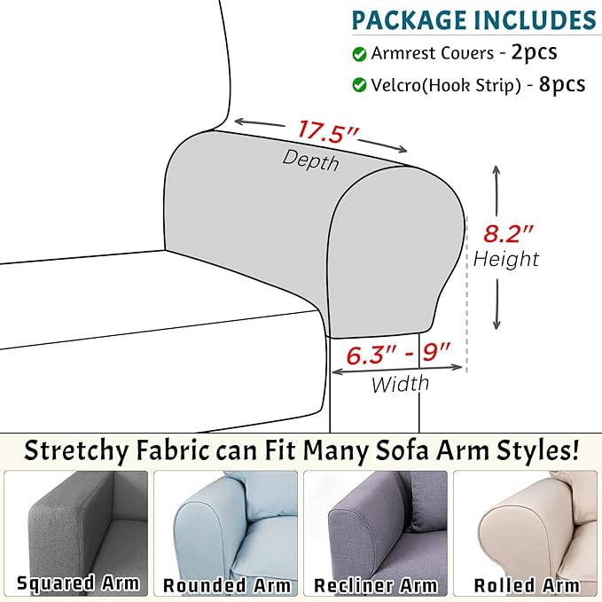 Roytub Stretch Couch Arm Covers, Breathable Armrest Covers for Sofas and Chairs Arm Cover Keep Your Home Clean, Sofa Arm Cover can Decorate and Protect Your Sofa(2 PCS, Grey)