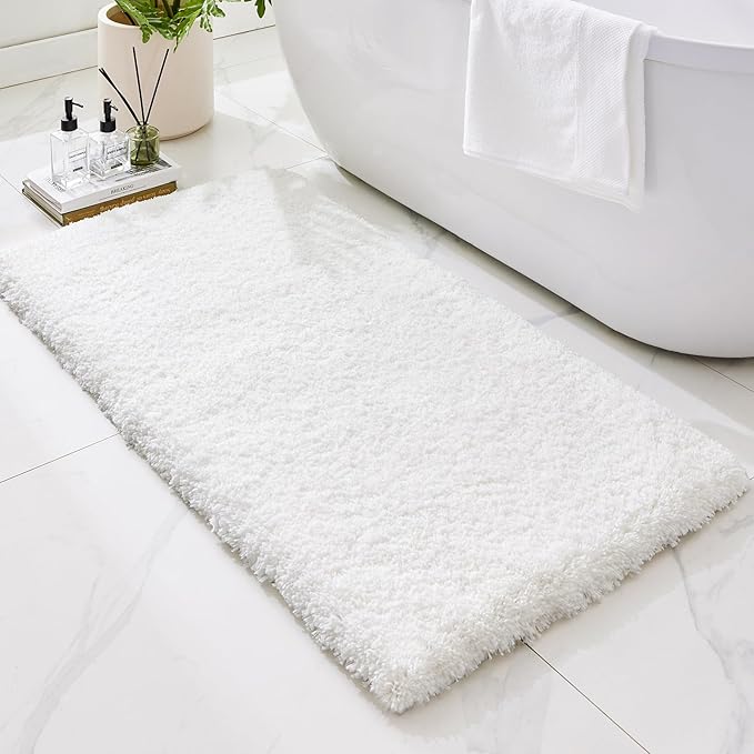 Bathroom Rugs 48x24, Ultra Thick Shaggy Soft Microfiber Absorbent Bath Rug, High Density Foam Latex Non Slip Backing, Machine Washable Bath Mats for Bathroom Floor & Sink, White