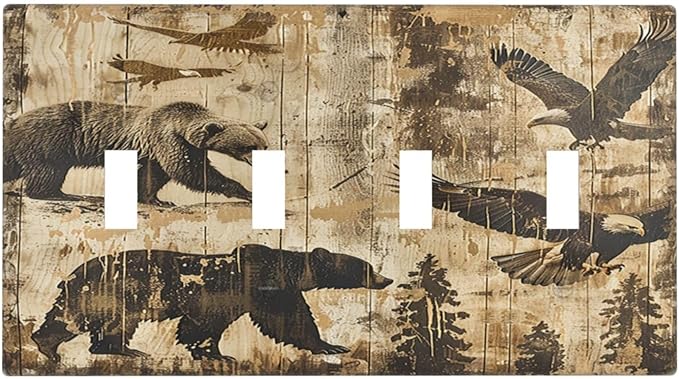 Light Switch Covers Vintage Cabin Wildlife Animal Bear Eagle Forest Quad Toggle Electrical Faceplate 4 Gang Wall Plate Decorative Switch Plates for Farmhouse Bedroom Decor