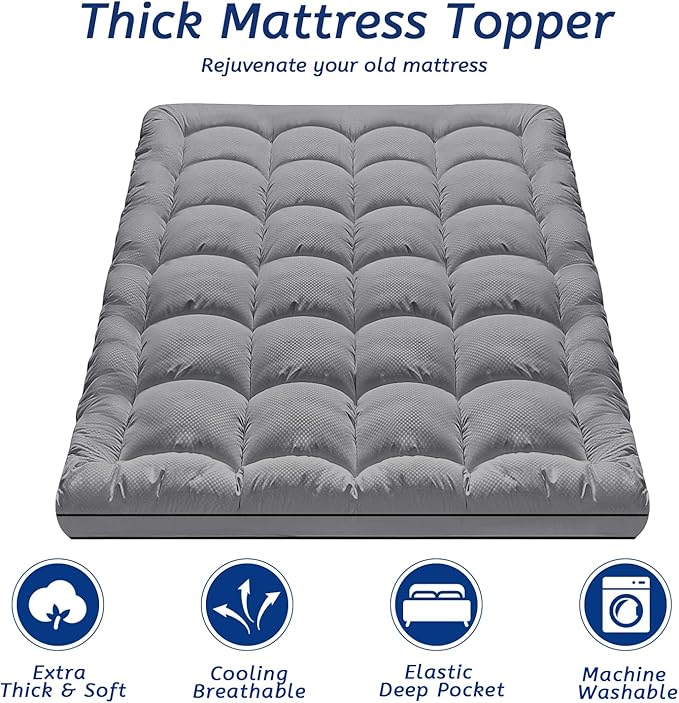 Twin XL Mattress Topper for Back Pain, Cooling Extra Thick Mattress Pad Cover with 8-21 inch Deep Pocket, Plush Pillow Top Mattress Topper Overfilled with Down Alternative, Twin Extra Long, Dark Grey