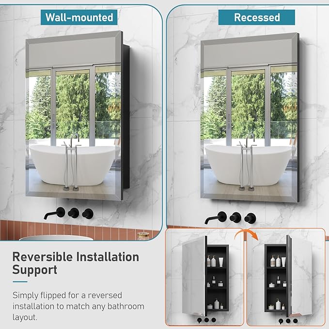 16 x 24 Inch Recessed Medicine Cabinet with Beveled Mirror, Bathroom Metal Mirror Medicine Cabinet with Adjustable Shelves, Wall Mounted Black Medicine Cabinets for Bathroom Storage Modern House