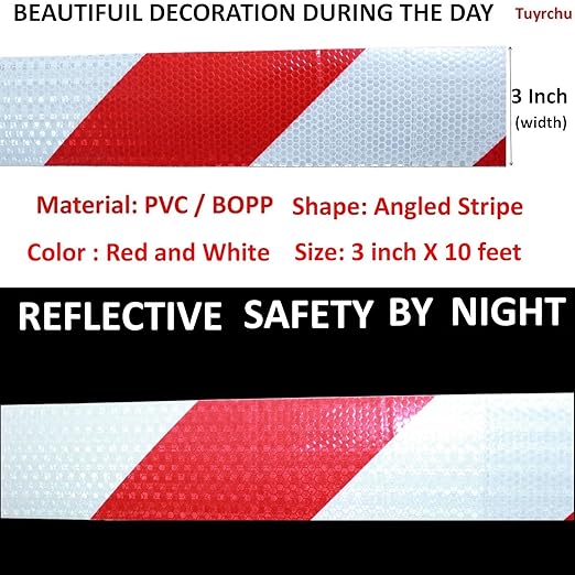 Red and White Reflective Tape Outdoor Waterproof 3 inch X 10 feet, High Visibility Hazard Conspicuity Safety Marking Tape
