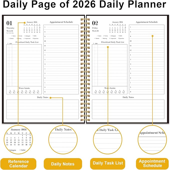 Daily Planner 2026 - Full Page Per Day, Jan 2026 to Dec 2026, 2026 Daily Planner with Spiral Bound, Inner Pocket, Perfect for School Office Supplies, 7'' x 10'', Black