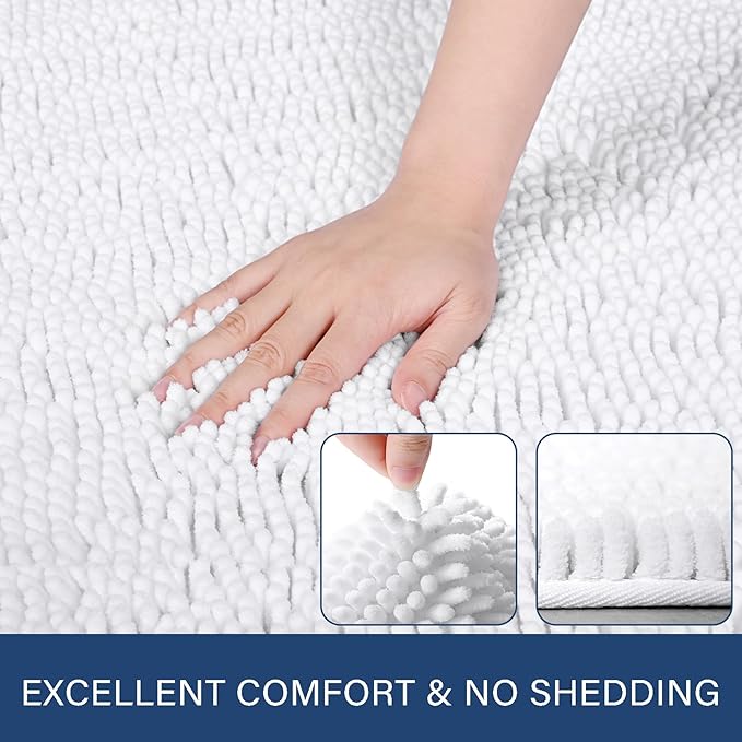LOCHAS Luxury Bathroom Rug Shaggy Bath Mat 24 x 40 Inch, Washable Non Slip Bath Rugs for Bathroom Shower, Soft Plush Chenille Absorbent Carpets Mats, White