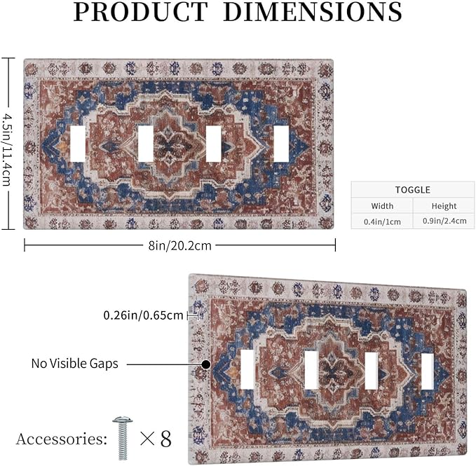 Vintage Orange Medallion Pattern 4 Gang Light Switch Covers Decorative Quad Toggle Wall Plate Cover 4 Hole Electrical Device Switchplate Dimmer Faceplate for Bathroom Decor