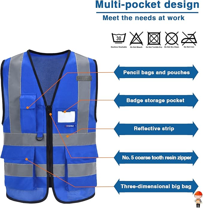 A-SAFETY Blue safety vests Reflective Safety Vest Hi Vis Bright Neon Color with 4 Reflective Strips 8 Pockets, Blue