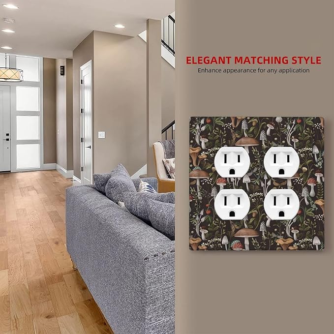 Vintage Boho Plant Mushroom Floral Leaf Outlet Covers 2-Gang Duplex Light Switch Cover Plate Decorative Gfci Wall Plate Electrical Receptacle Switchplate Plug Faceplate for Bathroom Decor