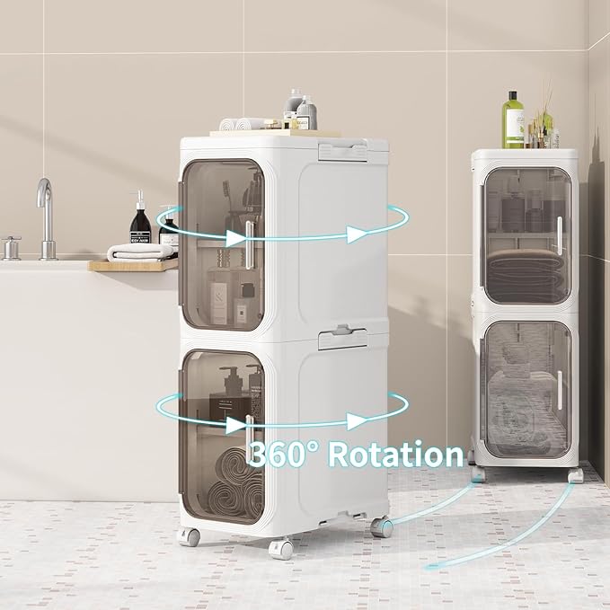 KHNR 3-Tiers Slim Bathroom Storage Cabinet, Foldable Storage Cabinets,Narrow Bathroom Storage,Movable Bathroom Storage Organizer for Small Spaces,Bathroom,Kitchen,Laundry,White