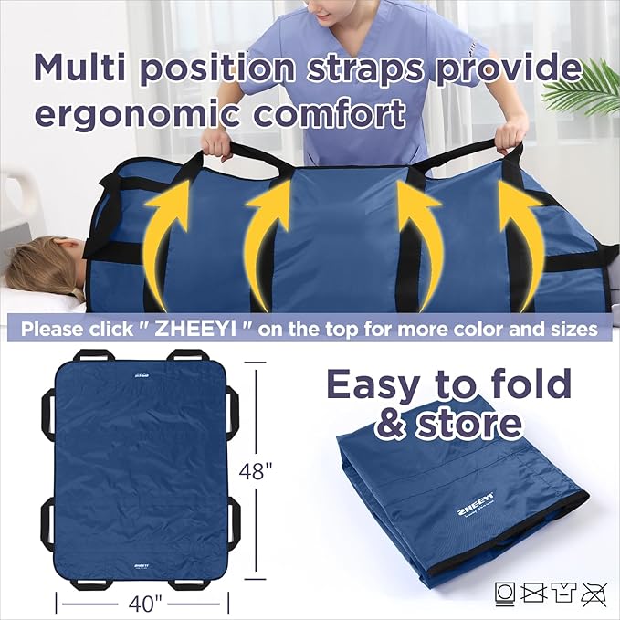 Multipurpose 48" x 40" Positioning Bed Pad with Reinforced Handles - Reusable & Washable Transfer Sheet for Turning, Lifting & Repositioning - Double-Sided Nylon Fabric, Navy Blue