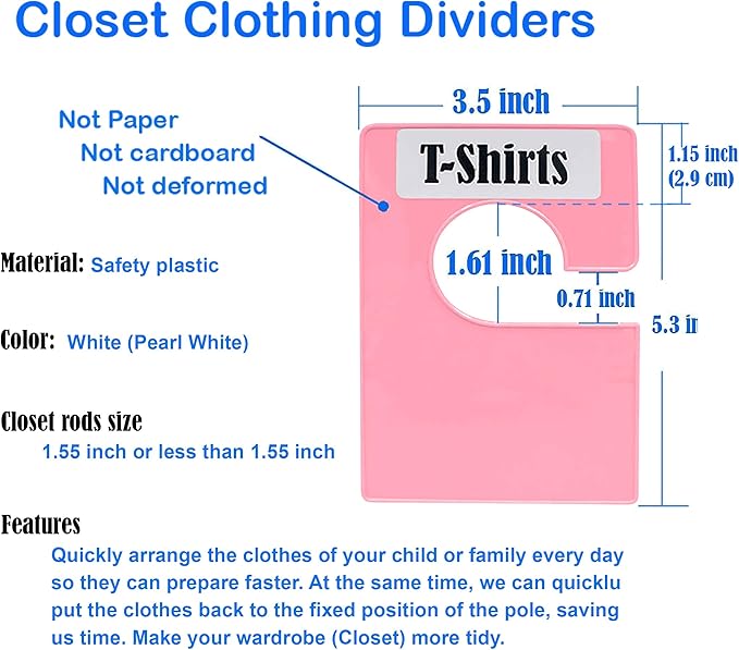 20 Pack White Clothing Rack Size Dividers Plus 45 Labels (1 Inch) and 18 Large Blank Labels, Large Rectangular Clothing Closet Dividers (Pink)