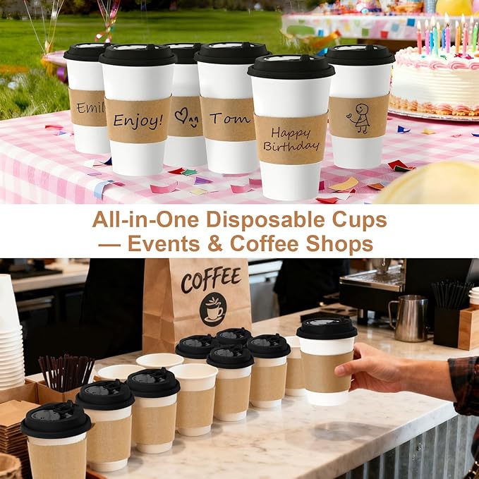 20 oz 300 Pack Coffee Cups with Lids and Sleeves, Straws, Hot Disposable To Go Travel Paper Cups Bulk for Office, Home Coffee Bar Accessories, Chocolate, Cocoa, Beverage (White)
