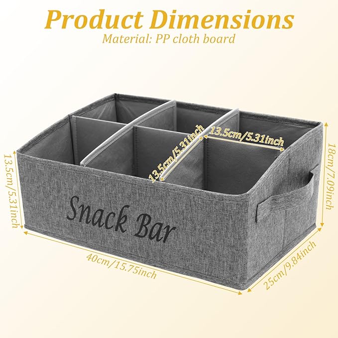 Snack Organizer for Countertop, 6 Compartment Snack Basket Container, Trapezoid Fabric Snack Bin Holder with Side Handles,Lightweight Snack Bar Station Organizer, Kitchen Pantry Storage (Grey)