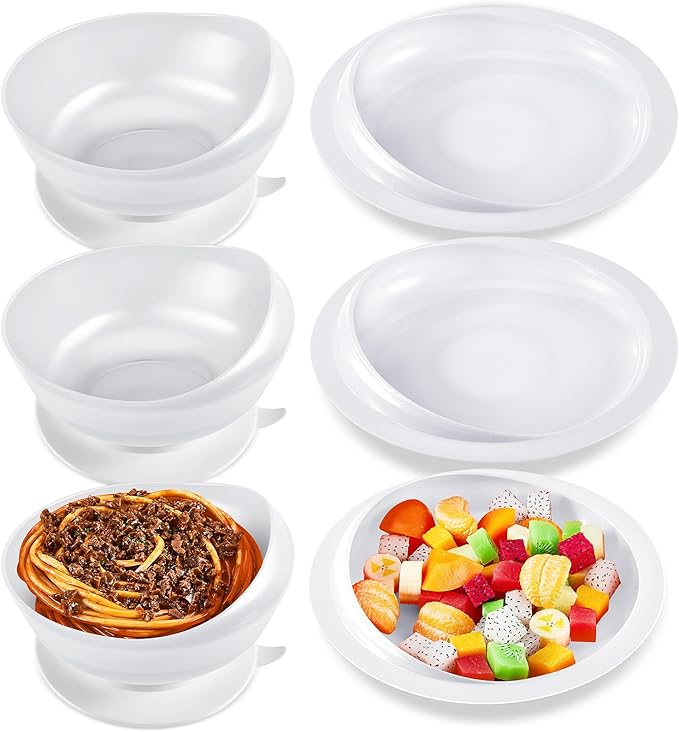 Hushee Adaptive Spill Proof Scoop Bowl and Plate Set with Suction Base Non Skid Self Feed Dinnerware for Elderly Disabled Handicapped from Parkinsons, Dementia, Stroke, Tremor(3 Sets,White)