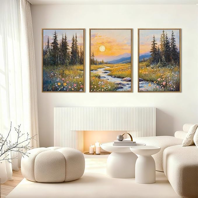 IARTTOP Large Mountain Wall Art Framed 16x24 Inch Abstract Forest Landscape Canvas Wall Decor Nature Scenery Wildflower botanical Artwork for Living room Bedroom Set of 3