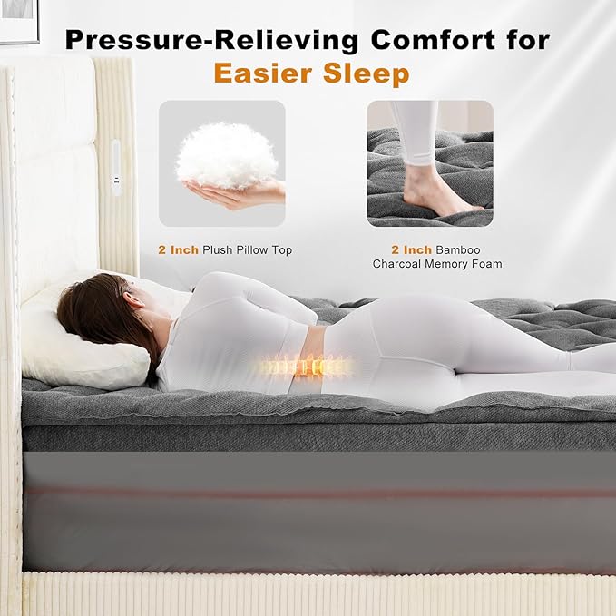 Dual Layer 4 Inch Bamboo Memory Foam Mattress Topper Twin Size, 2 Inch Thick Soft Quilted Pillow Top Cover Plus 2 Inch Charcoal Gel Memory Foam Mattress Pad for Back Pain Relief