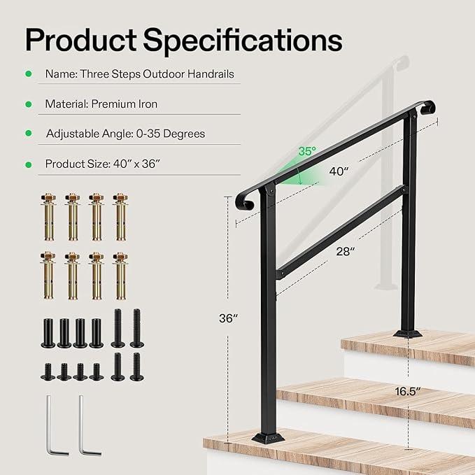 VIVOSUN Outdoor Handrail, 3 Step Stair Handrail, 40" x 36" Fits 1 to 3 Steps, Wrought Mattle Iron Stair Railing with Curved Ends for Concrete Steps, Porch Steps, One-Step Assembly, Black