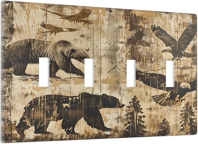 Light Switch Covers Vintage Cabin Wildlife Animal Bear Eagle Forest Quad Toggle Electrical Faceplate 4 Gang Wall Plate Decorative Switch Plates for Farmhouse Bedroom Decor