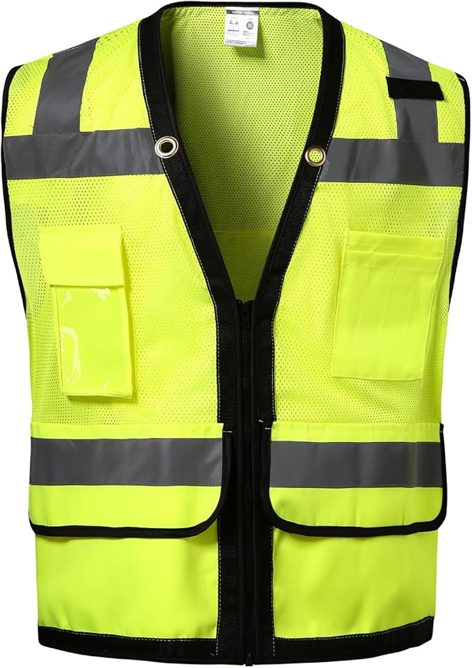 Reflective Safety Vest With Back Pocket, Heavy Duty Surveyor Vest High Visibility Class 2, Construction Work Vest Men&Women (Lime, XL)