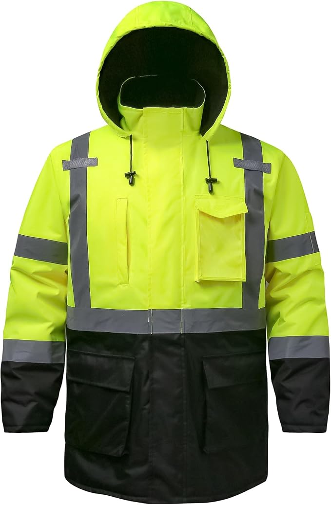 Reflective Jacket - High Visibility Waterproof Parka with Removable Hood and Zipper, Conforms ANSI Class 3 (Lime,5XL)