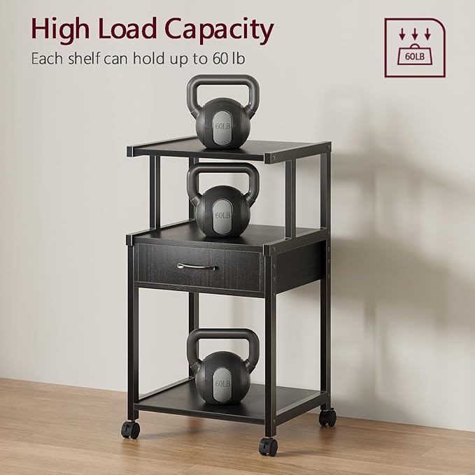 Printer Stand, 3-Tier Mobile Printer Cart, 31.5 x 14.96 x 17.72 Inches Square Printer Table with Storage Rack, Rolling Printer Table with Industrial Wheels for Home Office, Black