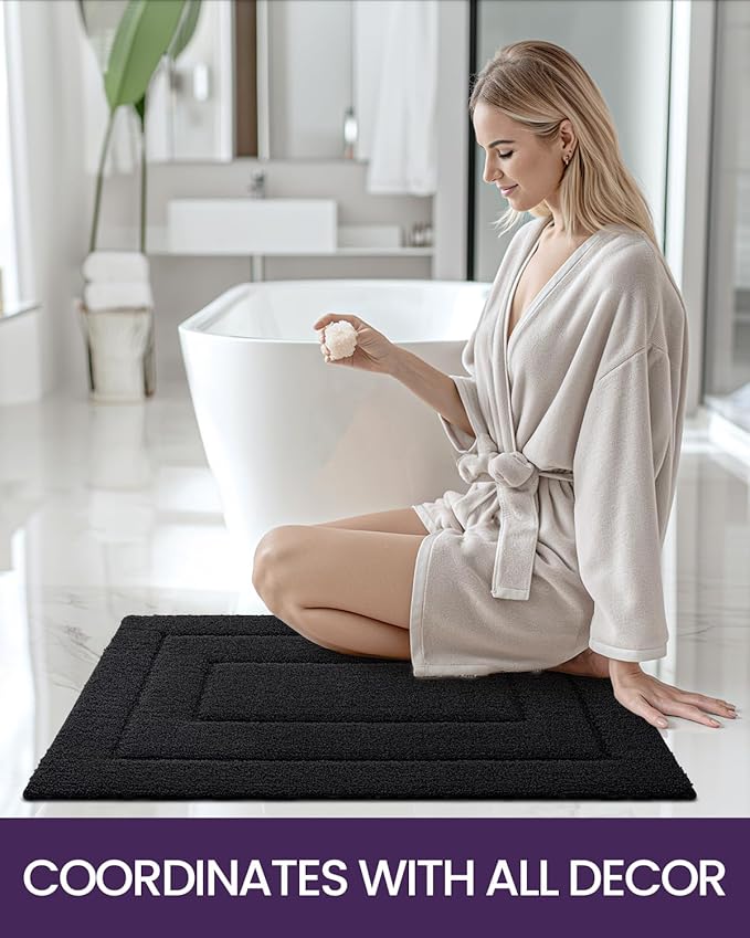 DEXI Bathroom Rug 24x16, Non Slip Washable Bath Mat for Shower Floor, Absorbent Soft Bathmat with Rubber Backing, Quick Dry Microfiber Carpet, Black