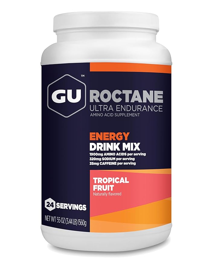 GU Energy Roctane Ultra Endurance Energy Drink Mix, Vegan, Gluten-Free, Kosher, 35mg of Caffeine, and Dairy-Free n-the-Go Energy for Any Workout, 3.44-Pound Jar, Tropical Fruit
