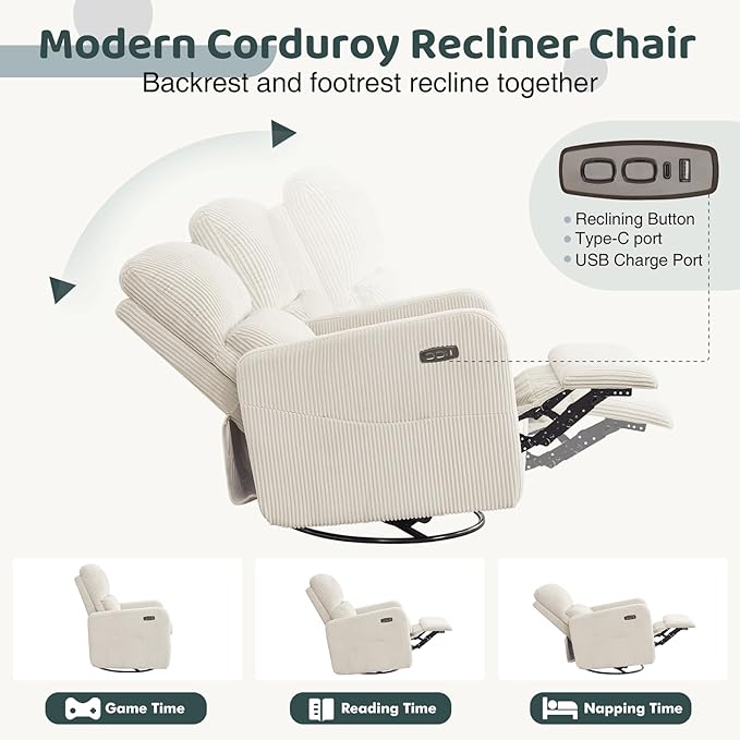 Swivel Rocker Recliner, Oversized Power Recliner Glider with Removable Cushion, Upholstered Swivel Reclining Nursery Chairs for Living Room Bedroom, Corduroy White