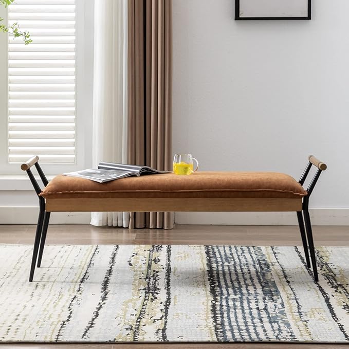 LukeAlon Modern PU Leather Entryway Bench, Upholstered End of Bed Bench with Arms Classic Bedroom Ottoman Bench with Metal Legs Elegant Footstool for Entrance Living Room, Brown