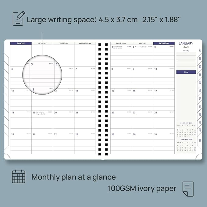 POPRUN 2026 Weekly Planner 30-Mintue (Medium 7'' x 8.5'') - From Jan 2026 to Dec 2026 - Two Pages Per Week Appointment Book with Monthly Tabs, Softcover, Inner Pocket, Pen Holder - Brown