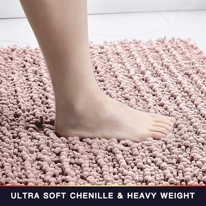 Walensee Bathroom Rug Non Slip Bath Mat (44x24 Inch Dusty Pink) Water Absorbent Super Soft Shaggy Chenille Machine Washable Dry Extra Thick Perfect Absorbant Best Large Plush Carpet for Shower Floor