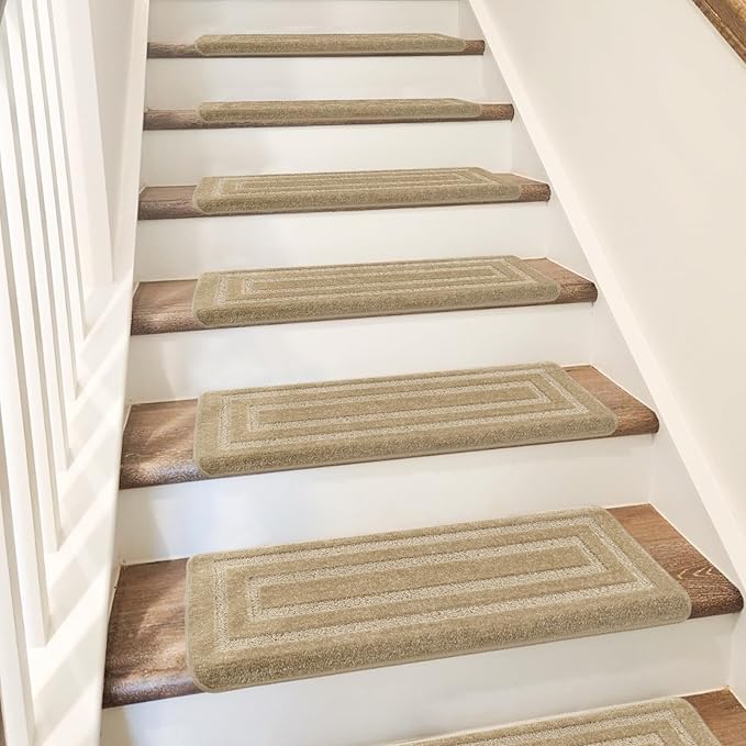 PURE ERA Bullnose Carpet Stair Treads Set Tape Free Non-Slip Indoor Stair Protectors Pet Friendly Rugs 9.5" x 30"(14 Pieces,Khaki Rectangular)