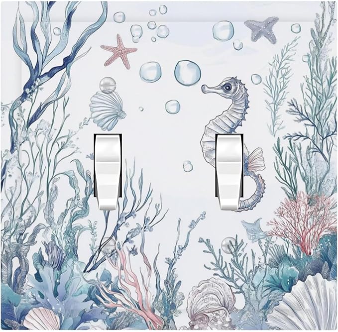 Decorative Switch Plates Ocean Coral Seahorse Seashell Starfish 2 Gang Double Toggle Outlet Light Switch Cover Wall Plate Electrical Faceplate For Bathroom Home Decor