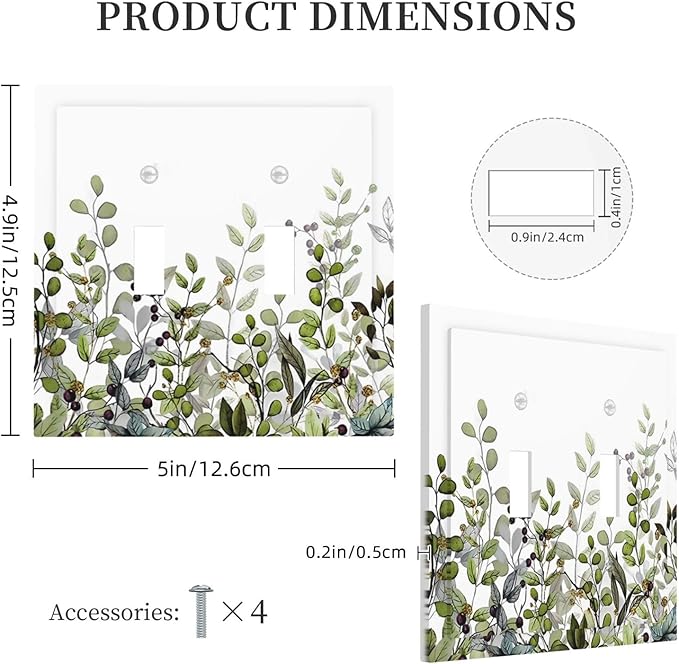 Watercolor Green Eucalyptus Leaves Plants Fruit Decorative Switch Plates 2 Gang Double Toggle Outlet Light Switch Cover Wall Plate Electrical Faceplate for Bed Room Living Room Decor