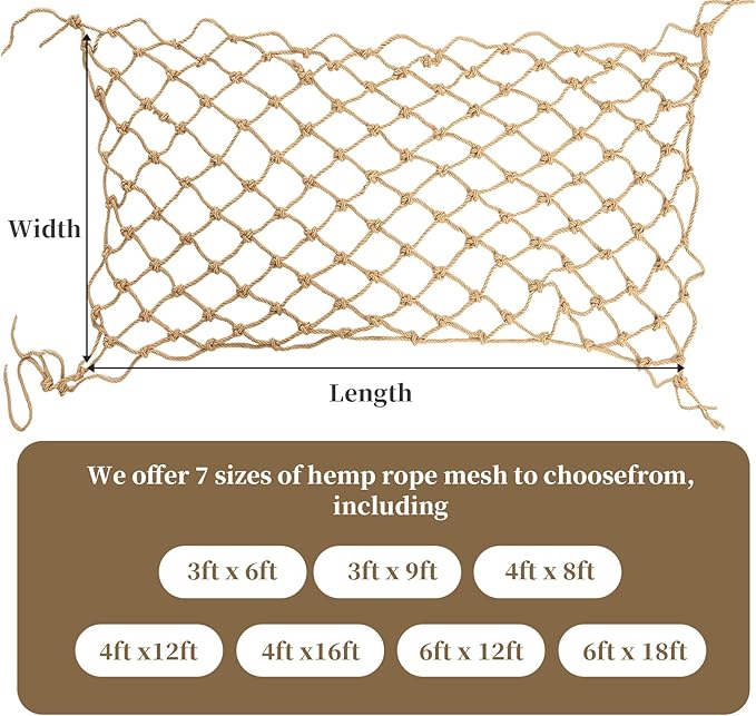 Jute Hemp Rope Net(6ftx18ft), Heavy Duty Natural Climbing Safety Rope Netting Balcony Stairs Fence Garden Playground Protection Net Indoor & Outdoor Decor Rope Net