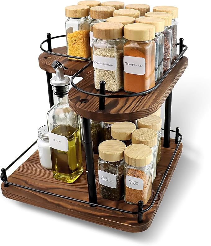 Wooden Spice Rack Organizer Lazy Susans Rotating Countertop 2 Tiered Display Shelf Kitchen Adjustable Height Spinning Spice Rack 11.8INCH Large Capacity Pine Wooden Spice gift set