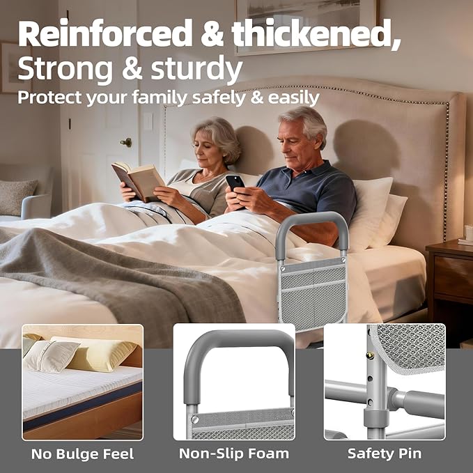 Bed Rails for Elderly Adults Safety: ASTM Approved Adjustable Bed Assist Rail for Seniors with Storage Bag & Non-Slip Handle - Bedside Grab Bar Hold up to 350 Lbs - Fits King Queen Full Twin Medium