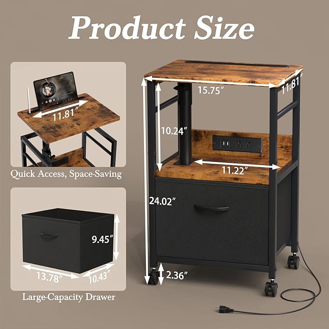 Swivel Lift Top Nightstand with Charging Station, 2-Tier 360° Adjustable Bedside Table, Rolling Night Stand with Wheels, Small End Table with Fabric Drawer, for Bedroom, Living Room, Rustic Black