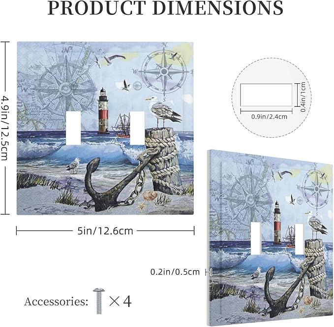 Light Switch Cover Sea Ocean Sand Coast Compass Ship Lighthouse Anchor 2 Gang Wall Plate Double Light Switch Plate Toggle Decorative Outlet Covers Electrical Switchplate for Bathroom Decor