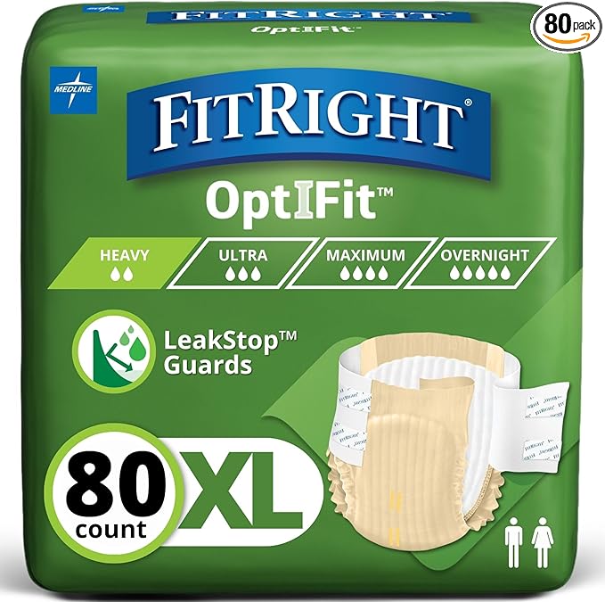 FitRight Adult Diapers, Extra+ Heavy Absorbency, XL (Waist Size 56in-64in), 80 Count, OptiFit Incontinence Briefs for Men and Women, Disposable, Moisture-Wicking, Leak Protection,