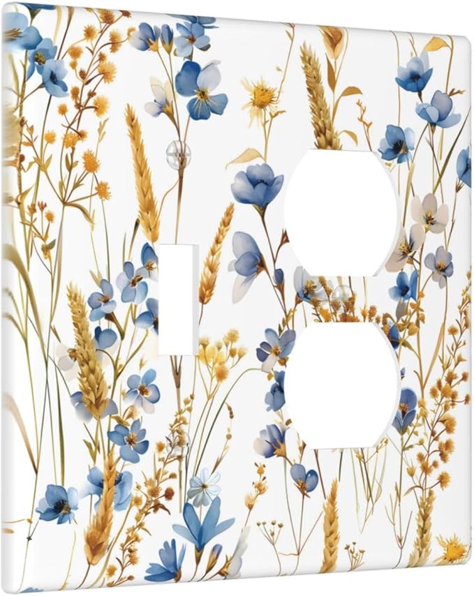 Vintage Wildflower Blue Gold Country Fall Wheat Floral Wallplates 1 Toggle 1 Duplex Switch Plate Electrical GFCI Faceplate Decorative Light Switch Covers for Bedroom Living Room Decor