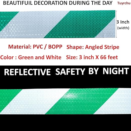 Green and White Reflective Tape Outdoor Waterproof 3 inch X 66 feet, High Visibility Hazard Conspicuity Safety Marking Tape
