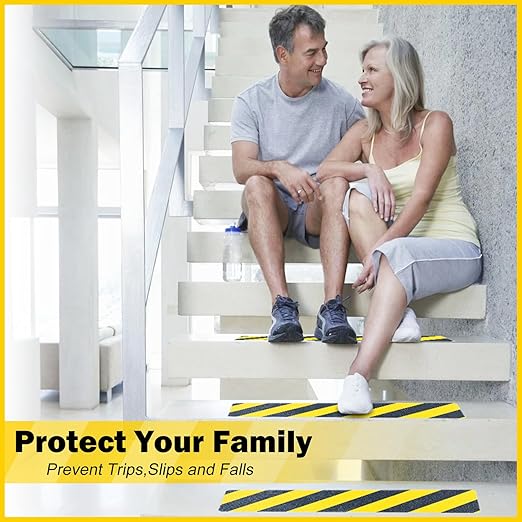 S&X S680 Anti Slip Stair Treads 6" x 24", 10-Pack Pre-Cut Black/Yellow Caution Non Slip Safety Tape Strips for Outdoor Stair Treads, Wooden Steps & Exterior Grips