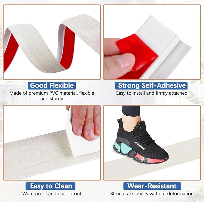 Vinyl Door Threshold Flooring Transition Strip Self Adhesive Carpet Edging Strip for Laminate Doorway Edge Threshold from 1/5" to 2/5" (Beige Wood Grain, 10 Ft)