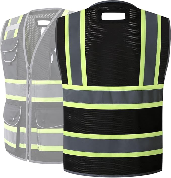 JKSafety 11 Pockets Hi-Vis Black Mesh Safety Vest for Men Women High Visibility Reflective Construction with Zipper Work Utility PPE Work Gear ANSI/ISEA compliant (102-Black 3XL)