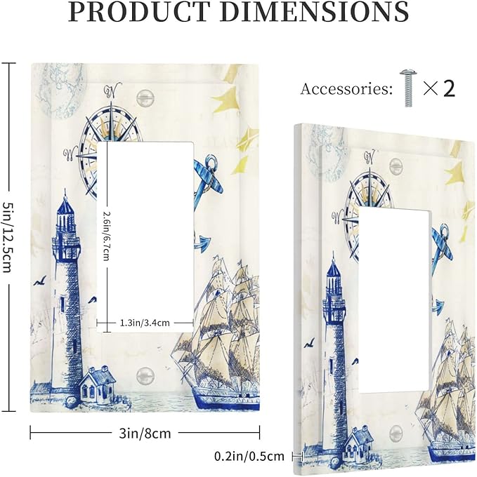 Nautical Sailboat Lighthouse Compass Anchor Single Rocker Light Switch Cover 1 Gang Outlet Cover Decorative Rustic Gfci Electrical Wall Plate Dimmer Switchplate for Country Bathroom Decora