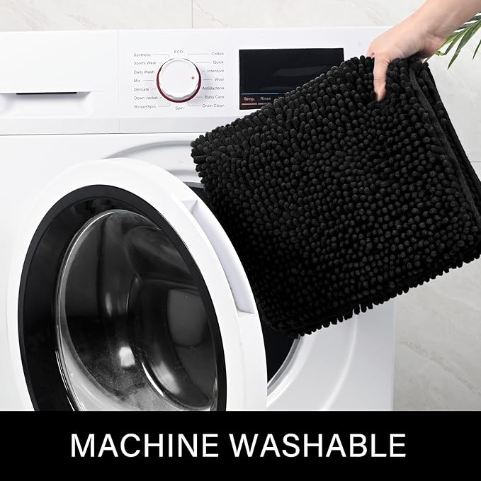 LOCHAS Luxury Bathroom Rug Shaggy Bath Mat 24 x 70 Inch, Washable Non Slip Bath Rugs for Bathroom Shower, Soft Plush Chenille Absorbent Carpets Mats, Black