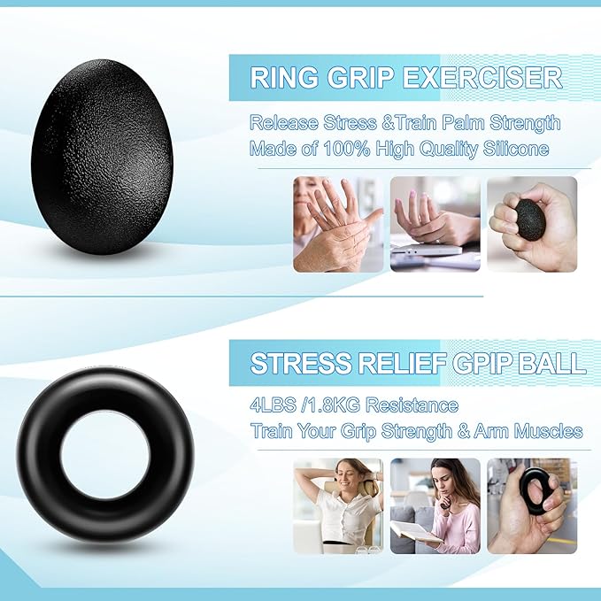 Grip Strength Trainer(5 Pack) with Finger Exerciser, Hand Grip Strengthener, Finger Stretcher,Grip Ring & Stress Relief Ball for Muscle Building and Injury Recover with Carry Bag