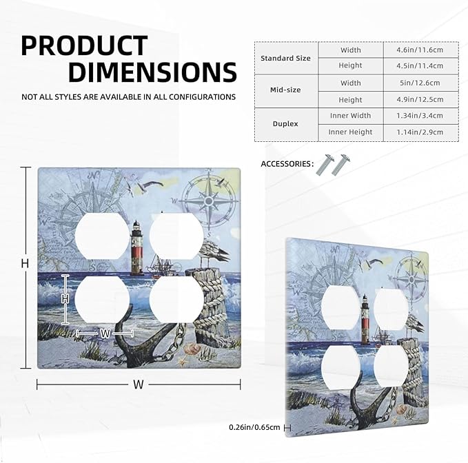 Decorative Light Switch Cover Plate Sea Ocean Sand Coast Compass Ship Lighthouse Anchor 2 Gang Socket Covers Double Duplex Wallplates Switch Plates and Outlet Covers for Bathroom Bedroom Decor
