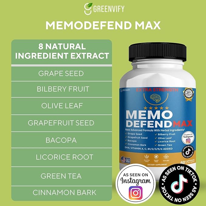 Memo Defend Max Memory Support Supplement, 60 Capsules, with Vitamins A C D E B Complex, DHA, Bacopa, Grapefruit Seed (2)