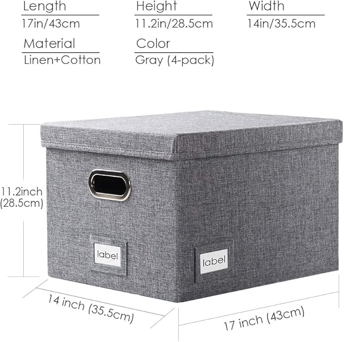 PRANDOM File Organizer Box - Set of 4 Collapsible Decorative Linen Filing Storage Hanging File Folders with Lids Office Cabinet Letter/Legal Size Grey 17.1x14x11.1 inch